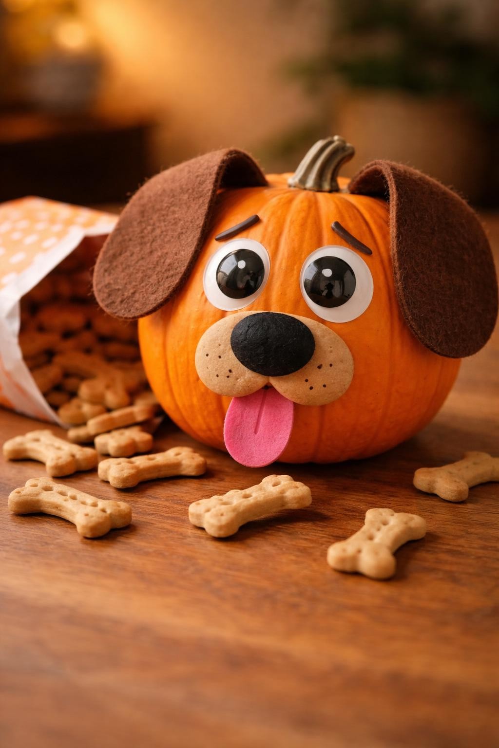 Image Prompt: A small orange pumpkin decorated as a guilty dog, floppy brown felt ears, large worried eyes, black nose, tongue hanging out, open treat bag tipped beside it, paper biscuits scattered around the base, one biscuit resting near its mouth, playful guilty expression, warm indoor light, realistic DSLR craft photography, no people, no readable text.