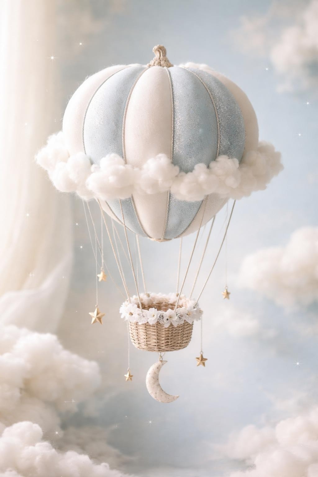 Image Prompt: A white pumpkin transformed into a dreamy cloud-themed hot-air balloon, soft pale blue and silver vertical panels, fluffy white cotton clouds attached around the lower edges, thin silver cords leading to a tiny woven basket, miniature moon and stars hanging below, airy nursery-style autumn decor, pale blue backdrop, soft morning light, realistic DSLR photography, detailed whimsical craftsmanship, no people, no text.