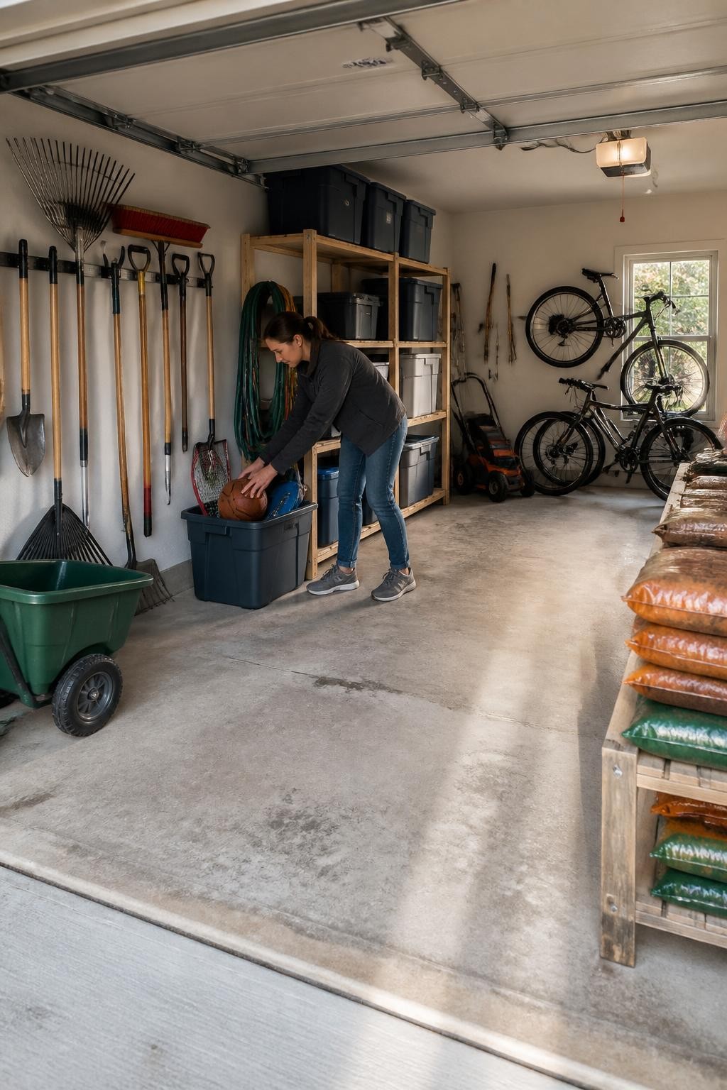 Image Prompt: A realistic wide-angle photograph of a homeowner organizing a garage for fall, with garden tools hanging securely on wall hooks, summer sports equipment being placed into labeled storage bins, bags of autumn lawn supplies stacked safely on a low shelf, clear walkway through the center, bicycles parked neatly, natural daylight from the open garage door, believable dust and wear, accurate item sizes, professional DSLR shot with a 28mm lens, practical organization editorial style, no dangerously stacked objects, no readable brands, no text overlay, no watermarks on images.