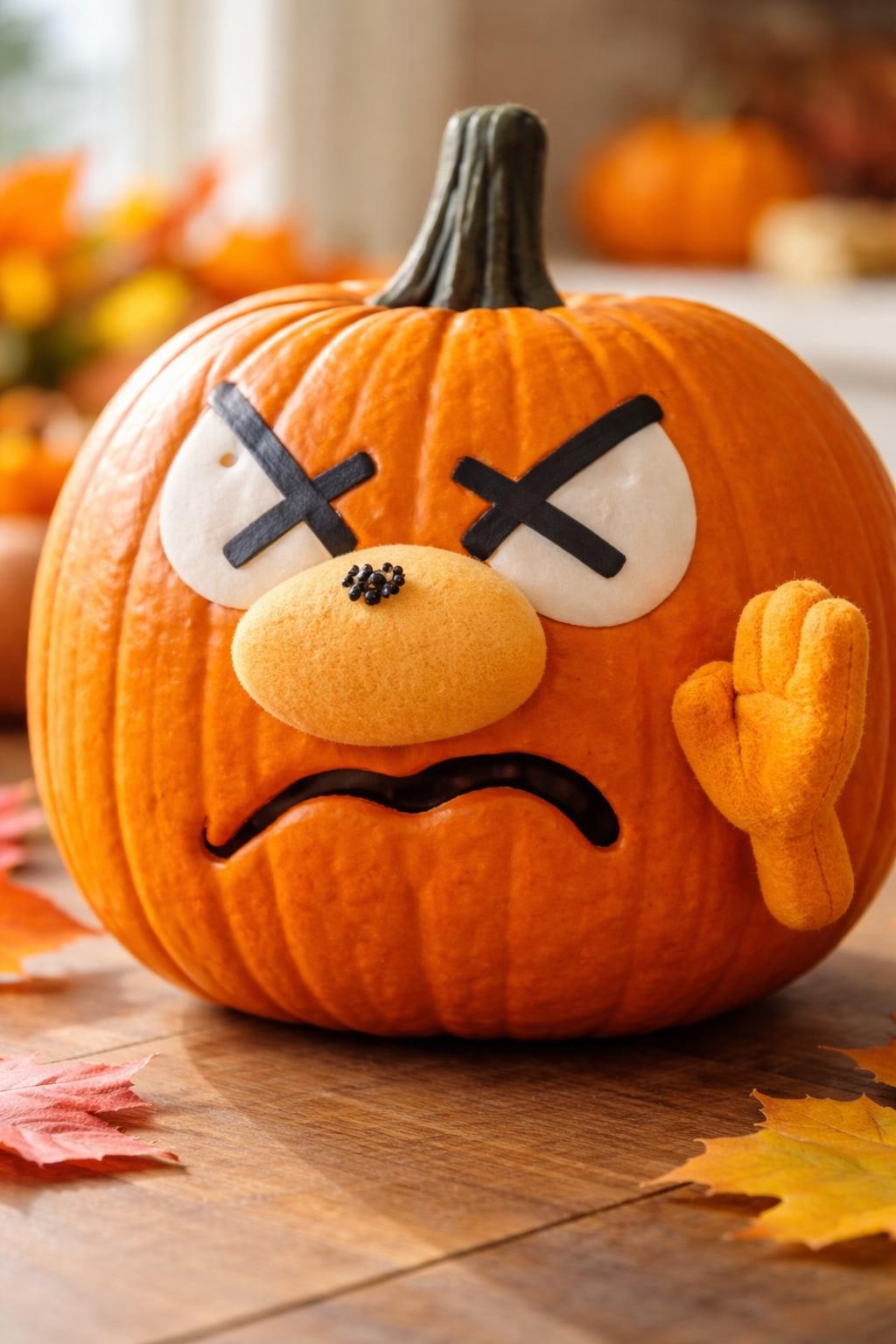 Image Prompt: A medium orange pumpkin with crossed painted eyes staring at a tiny black craft fly sitting on its large raised foam nose, mouth twisted in annoyance, one small felt hand raised as if preparing to swat, simple cartoon comedy, clean autumn tabletop, bright natural light, realistic DSLR craft photography, crisp close-up details, no people, no text.