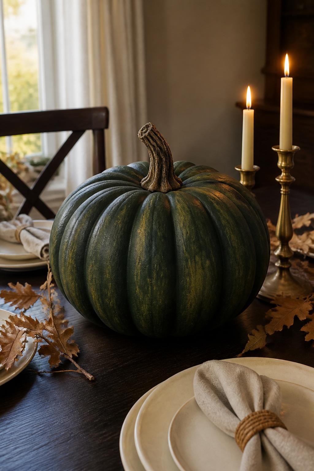 Horizontal 16:9 natural iPhone photograph of a wide faux pumpkin painted deep forest green with muted golden-green highlights along the ridges, almost-black shading inside the grooves, and a thick brown stem, displayed on a dark dining table beside brass candles, cream plates, dried leaves, and linen napkins, soft evening daylight, rich realistic finish, no metallic paint shine, no text.