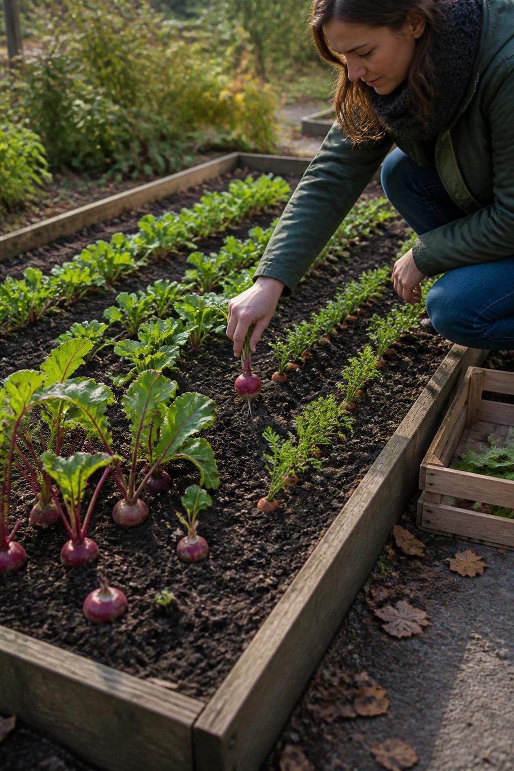 Image Prompt: A realistic fall raised garden bed planted with short rows of radishes, baby beets, turnips, and small carrot seedlings, several mature red radishes and striped beets partly visible above loose dark soil, a gardener gently pulling one radish by its leafy top, a small wooden harvest crate beside the bed, neat plant labels at the ends of the rows, cool clear autumn daylight, slightly damp soil, scattered leaves on the surrounding path, documentary-style DSLR photography, 45-degree angle, realistic home garden, no text.