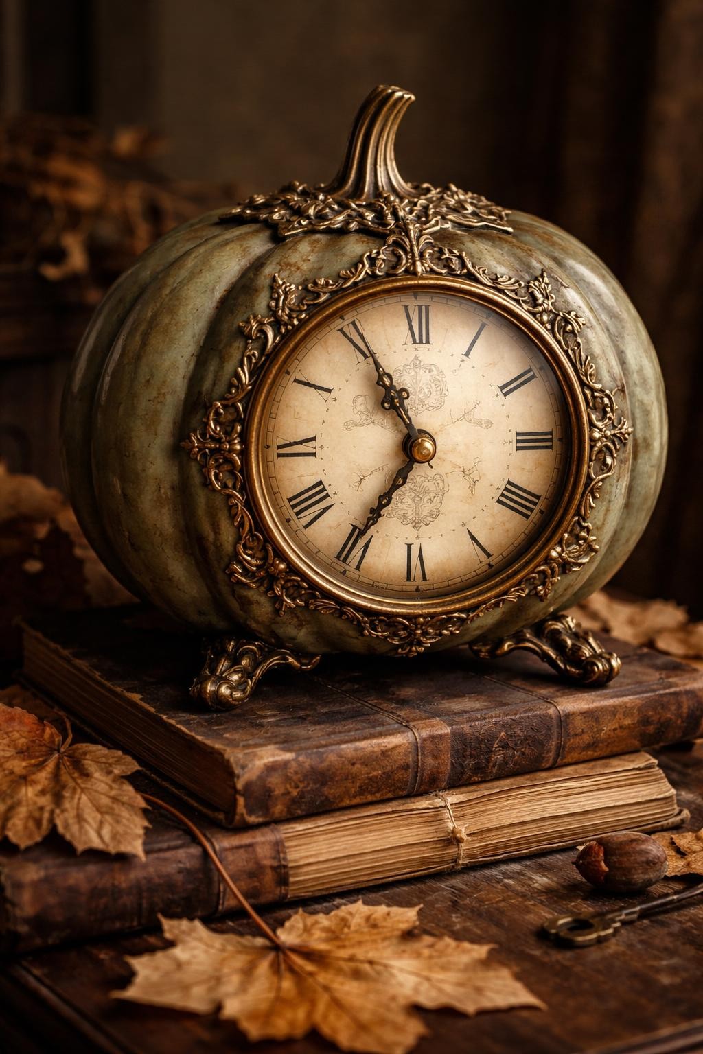 Image Prompt: A large muted green plastic pumpkin transformed into an ornate antique mantel clock, round cream clock face on the front, black Roman numerals, delicate gold hands, raised brass scrollwork, small feet beneath the pumpkin, weathered patina finish, stacked old books and dried leaves nearby, moody natural lighting, realistic DSLR photography, elegant detailed craftwork, no people, no text.