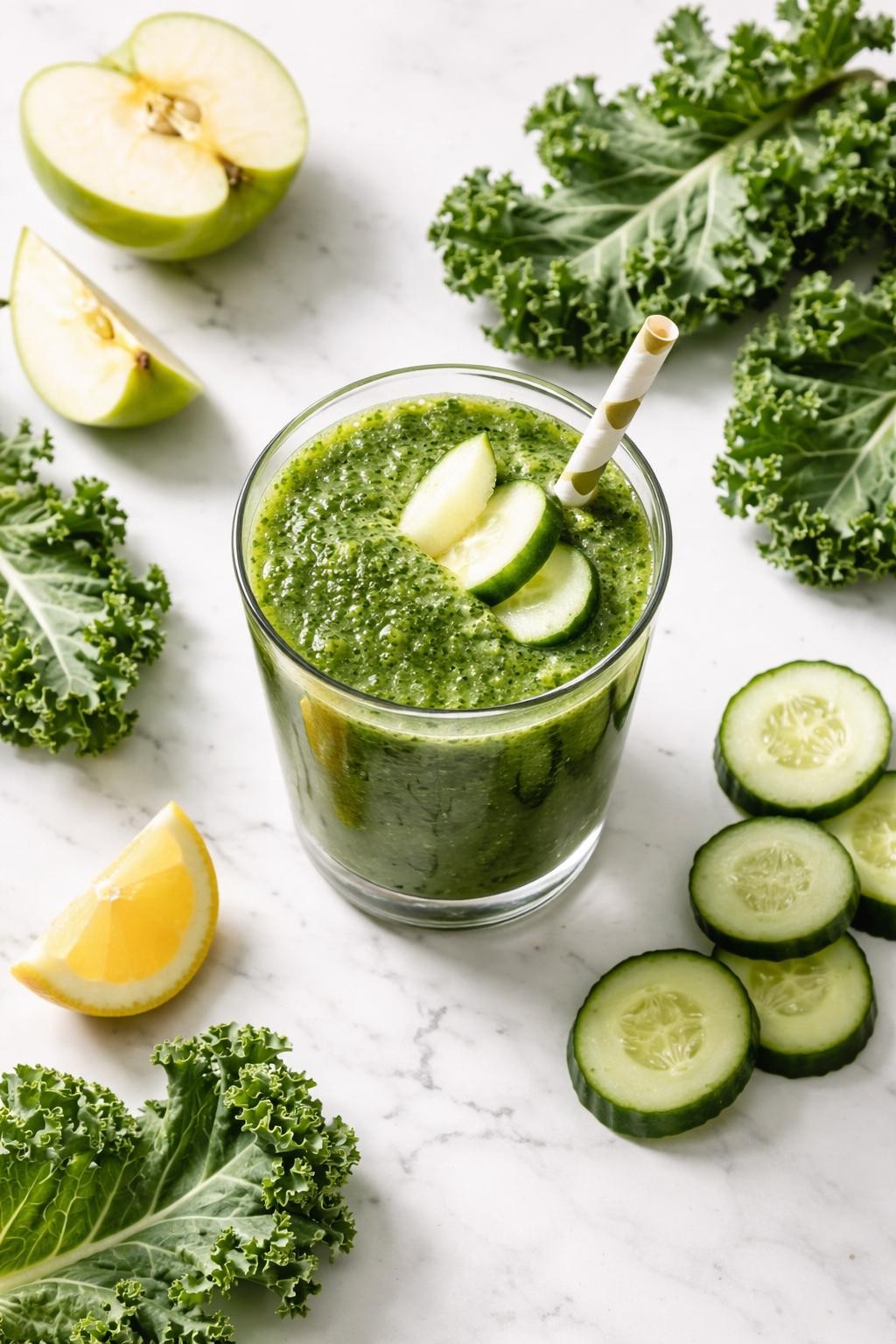 Realistic top-down editorial food photography of a fresh green apple kale smoothie in a clear glass on a white marble countertop. The smoothie is deep green and refreshing, styled with green apple wedges, curly kale leaves, cucumber slices, and a small lemon wedge nearby. Soft natural daylight, crisp clean styling, realistic drink texture, high detail, no people, no hands, no text, no watermarks, no props with writing.