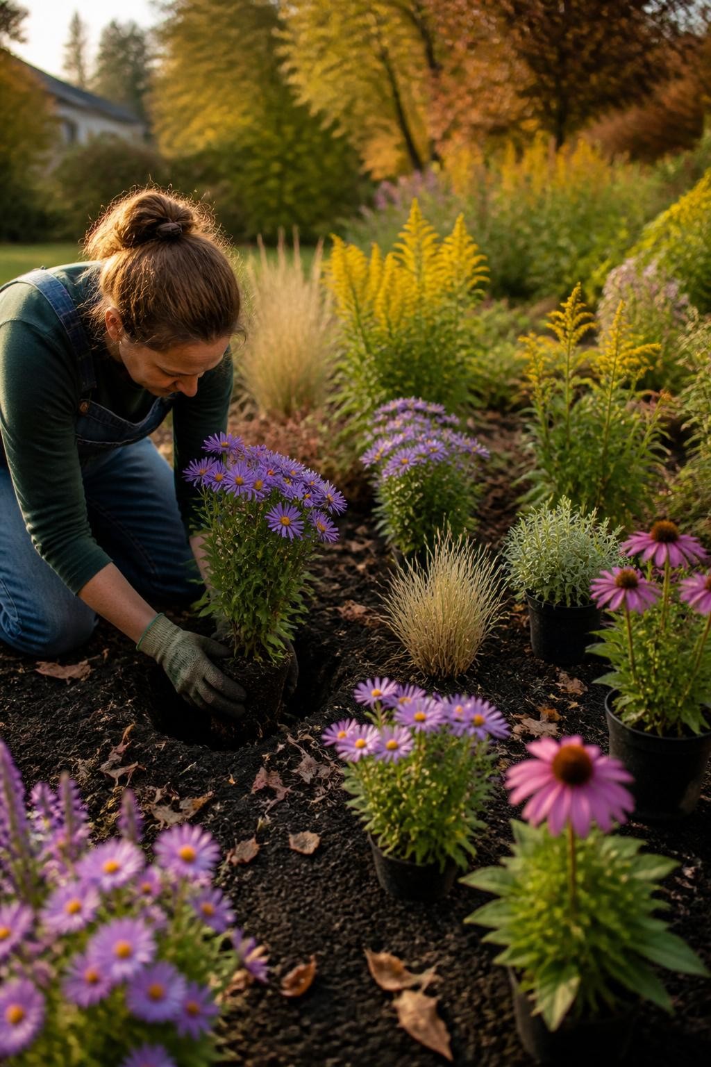 Image Prompt: A realistic fall garden bed being planted with young native asters, goldenrod, coneflowers, mountain mint, and compact ornamental grasses, plants arranged in loose repeating groups rather than straight rows, a gardener setting one aster into a prepared hole, simple plant tags, dark composted soil and leaf mulch, mature garden softly blurred behind, low golden autumn sunlight, several late bees visiting remaining blooms, achievable pollinator garden design, DSLR photography, 50mm lens, no text.
