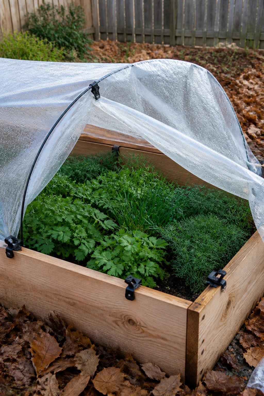 Image Prompt: A realistic cedar raised herb bed fitted with low metal hoops and clear greenhouse plastic, one side of the cover lifted and clipped open to reveal healthy parsley, cilantro, chives, and dill inside, small condensation droplets visible on the plastic, secure garden clips along the wooden frame, fallen brown and gold leaves around the bed, cold late-autumn morning light, practical backyard garden construction, accurate scale and materials, human DSLR photography, 35mm lens, highly detailed, no text.