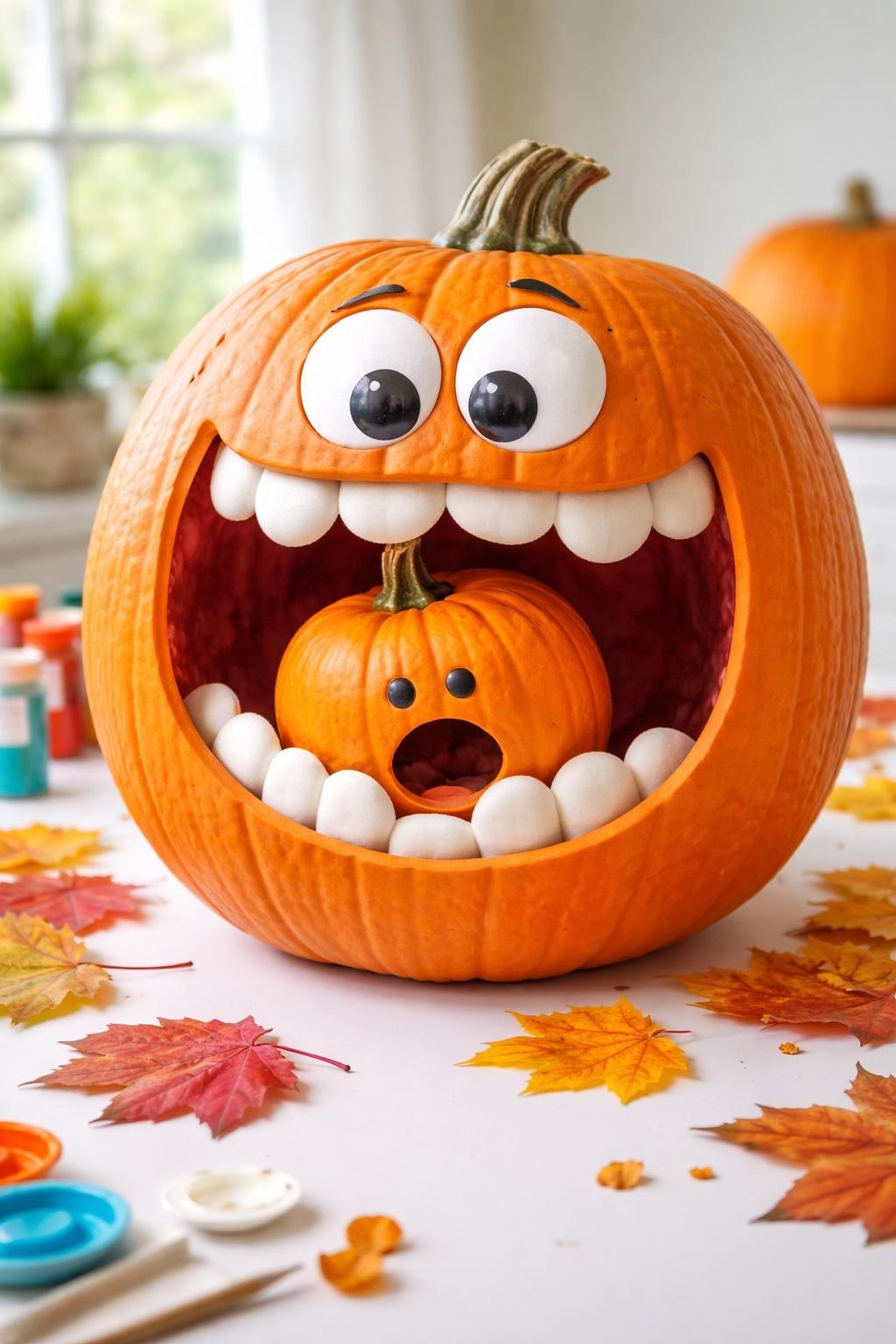Image Prompt: A large orange pumpkin with a huge silly painted mouth appearing to swallow a tiny mini pumpkin, oversized white felt teeth, wide googly eyes looking downward, small pumpkin halfway inside the mouth, exaggerated cartoon expression, scattered autumn leaves, clean craft-table arrangement, bright natural light, realistic DSLR photo, playful family-friendly humor, no people, no text.