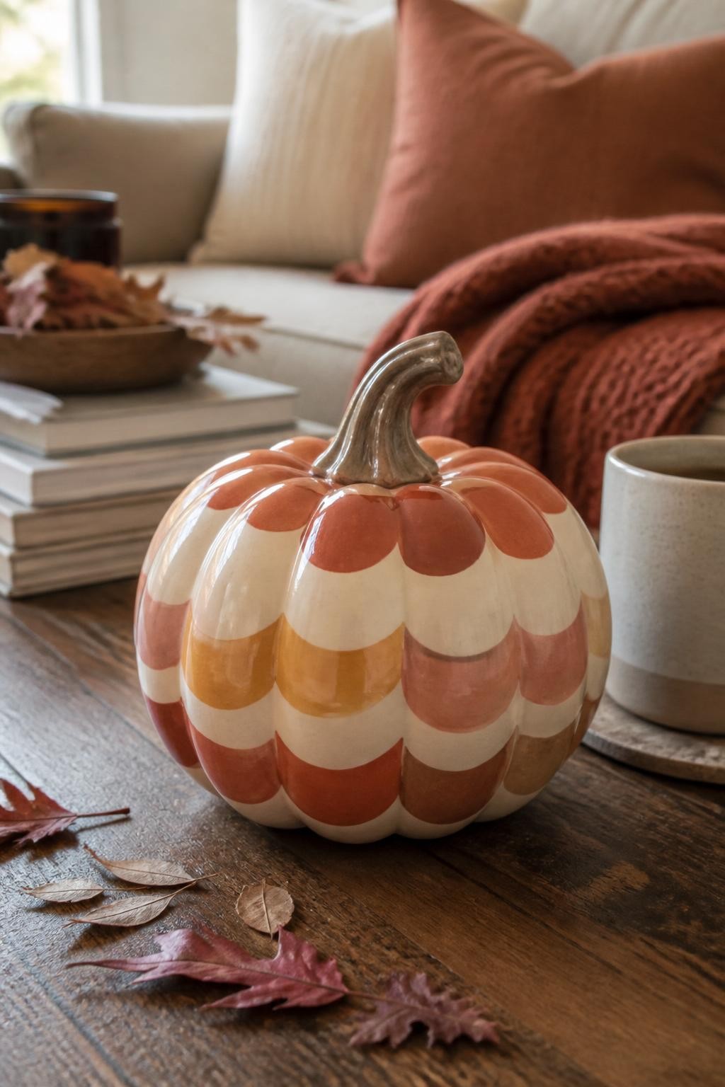 Horizontal 16:9 casual iPhone photograph of a cream ceramic pumpkin painted with overlapping scallop rows in muted terracotta, dusty peach, mustard, and warm beige, each curved shape slightly uneven and following the pumpkin ridges, displayed on a coffee table with a ceramic mug, stacked books, dried leaves, and a folded rust throw, diffused afternoon daylight, realistic handmade finish, no text.