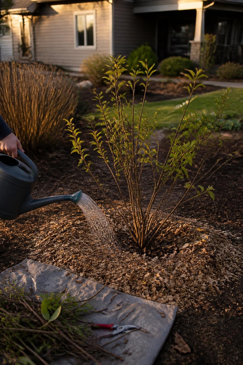 Image Prompt: A realistic freshly pruned fall garden with a healthy young shrub retaining its natural branch shape, a loose two-inch ring of shredded leaf mulch spread across the root zone but kept away from the main stems, a watering can applying water slowly to the soil, removed branches gathered neatly on a tarp, cool golden evening light, modest home and garden beds softly blurred behind, practical winter preparation rather than decorative styling, authentic mulch depth and plant proportions, editorial DSLR photography, 50mm lens, no text.