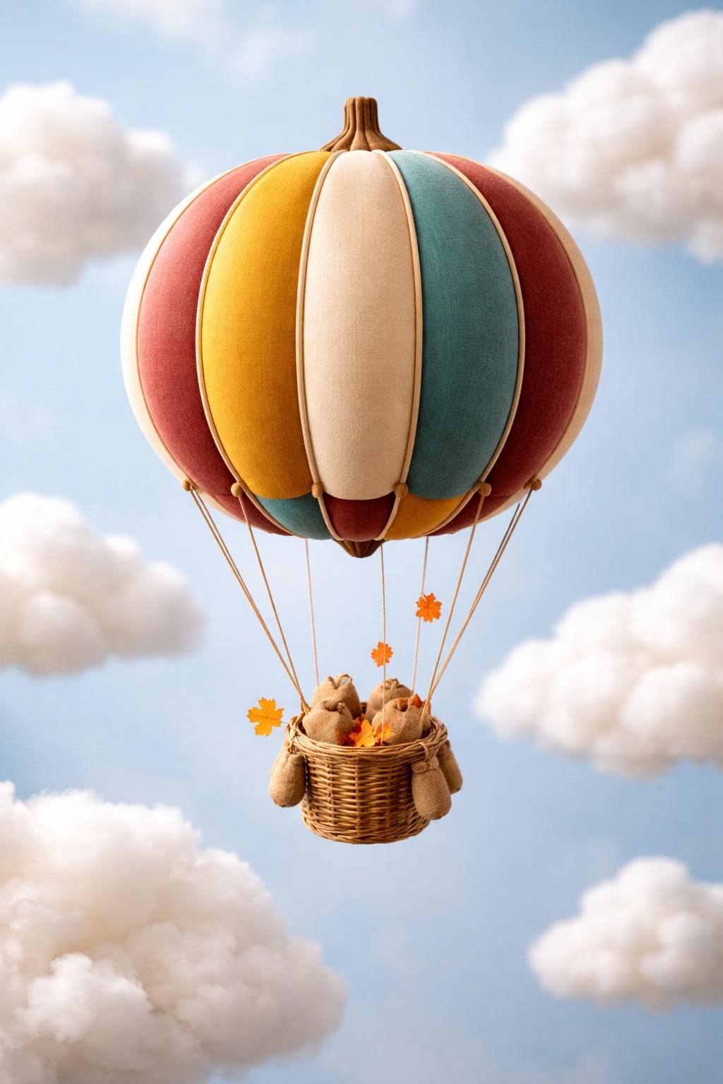 Image Prompt: A round striped plastic pumpkin suspended as a whimsical hot air balloon, painted panels in mustard, rust, cream, teal, and burgundy, thin ropes connecting it to a tiny woven basket below, small sandbags and miniature autumn leaves inside the basket, fluffy white cloud props surrounding the display, soft sky-blue backdrop, bright natural light, realistic DSLR craft photography, no people, no text.