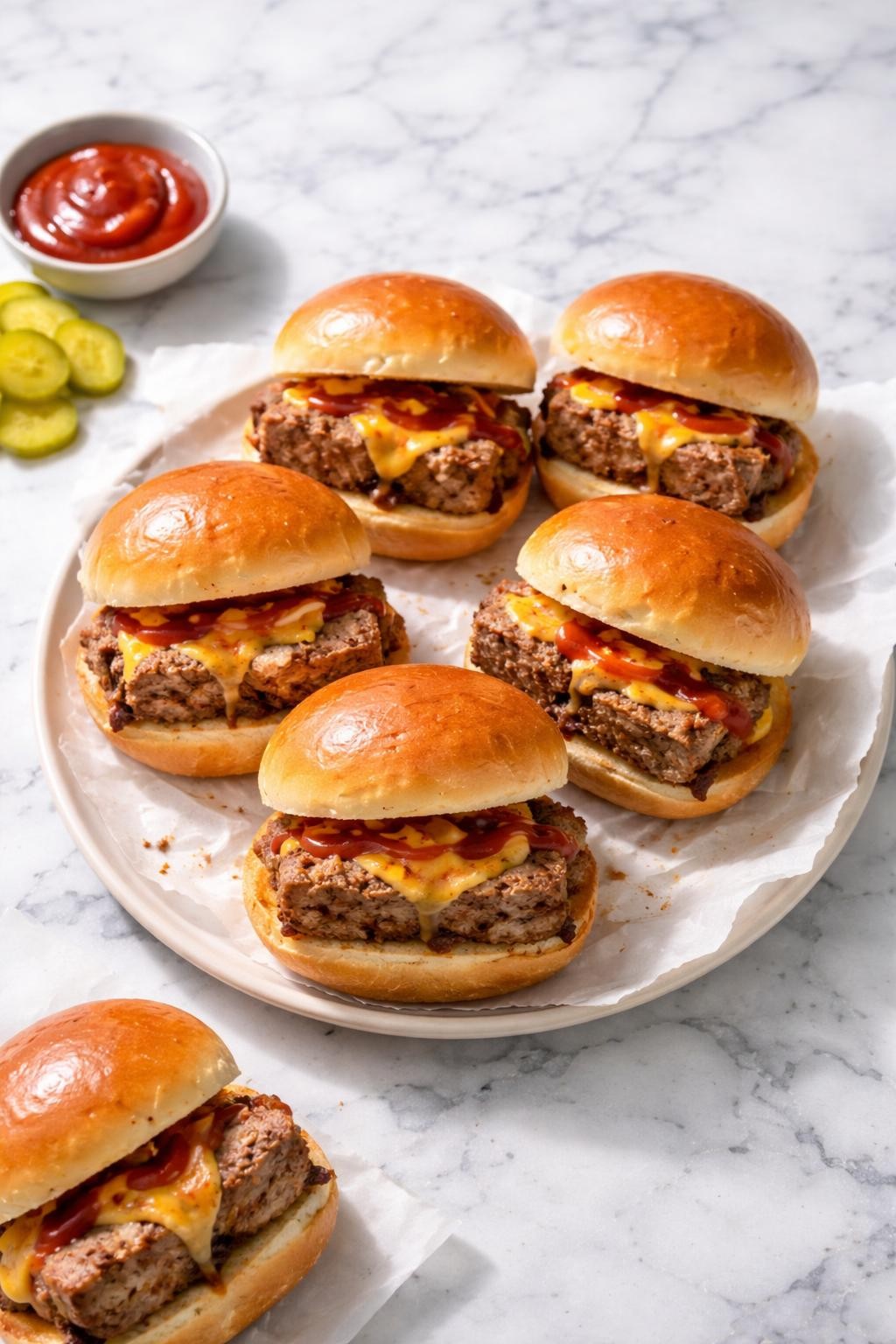 Prompt: Top-down realistic editorial food photography of meatloaf sliders on a clean white and gray marble countertop, soft slider buns filled with sliced leftover meatloaf, melted cheese, and a little sauce, warm casual homemade meal mood, bright natural window lighting, soft shadows, clean composition, high detail, realistic food texture, no people, no hands, no text, no watermarks, no props with writing.