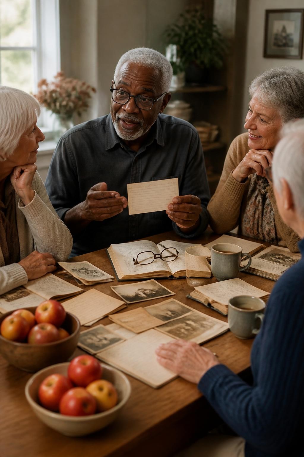 Image Prompt: A small group of seniors seated around a dining table with handwritten family recipe cards, old cookbooks, printed food photographs and bowls of apples, one Black senior man holding a large-print recipe card while describing a family dish, other participants listening and smiling, reading glasses and mugs nearby, warm neutral clothing, afternoon window light, intimate editorial DSLR photography, no readable recipes, no text.
