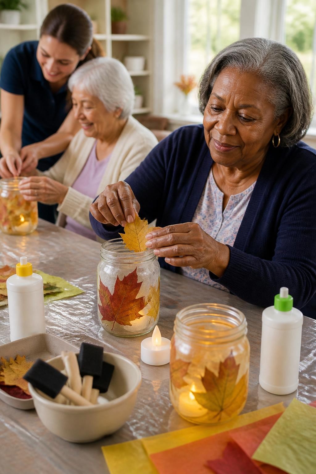 Image Prompt: A senior-friendly craft table prepared with wide glass jars, battery-powered tea lights, pressed autumn leaves, translucent craft paper, large foam brushes and easy-grip glue containers, a Black senior woman wearing a navy cardigan carefully placing a golden leaf onto a jar while an activity assistant supports another participant, uncluttered workspaces, protective table coverings, soft morning daylight, visible brush marks and leaf veins, close editorial craft photography, no flames, no text.