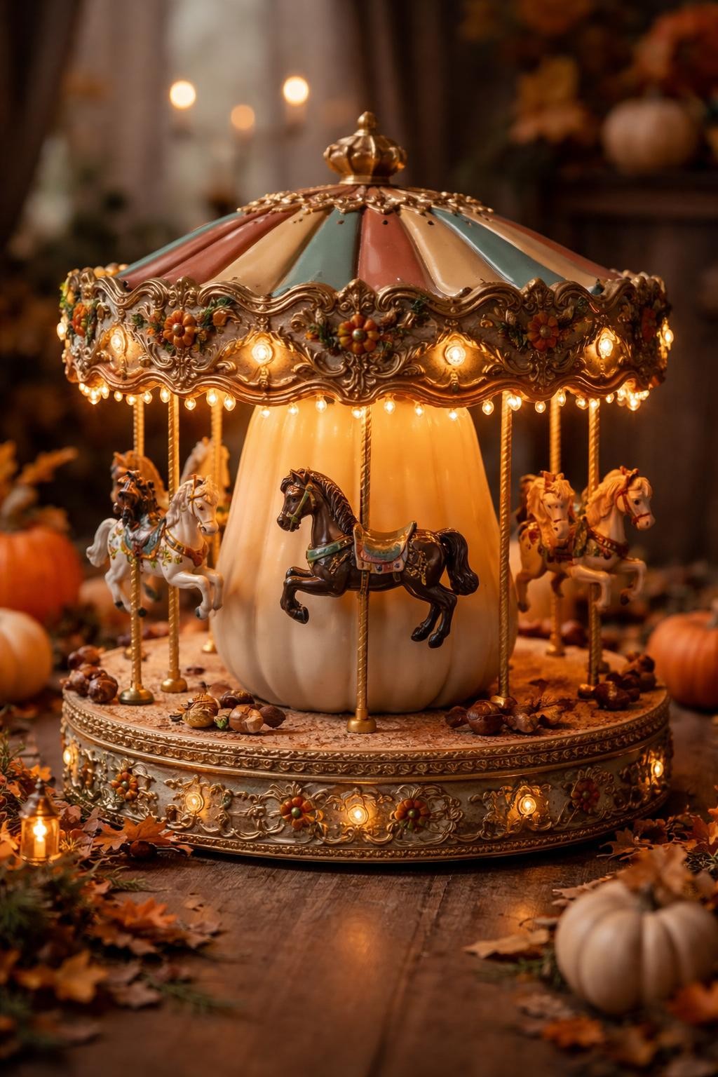 Image Prompt: A wide cream foam pumpkin transformed into a miniature autumn carousel, scalloped canopy built around the top in rust, mustard, teal, and gold, tiny painted horses mounted on slender gold poles around the sides, warm bulbs glowing beneath the canopy, ornate floral trim, decorative circular platform at the base, whimsical fairground display, soft evening light, realistic DSLR craft photography, crisp intricate details, no people, no text.