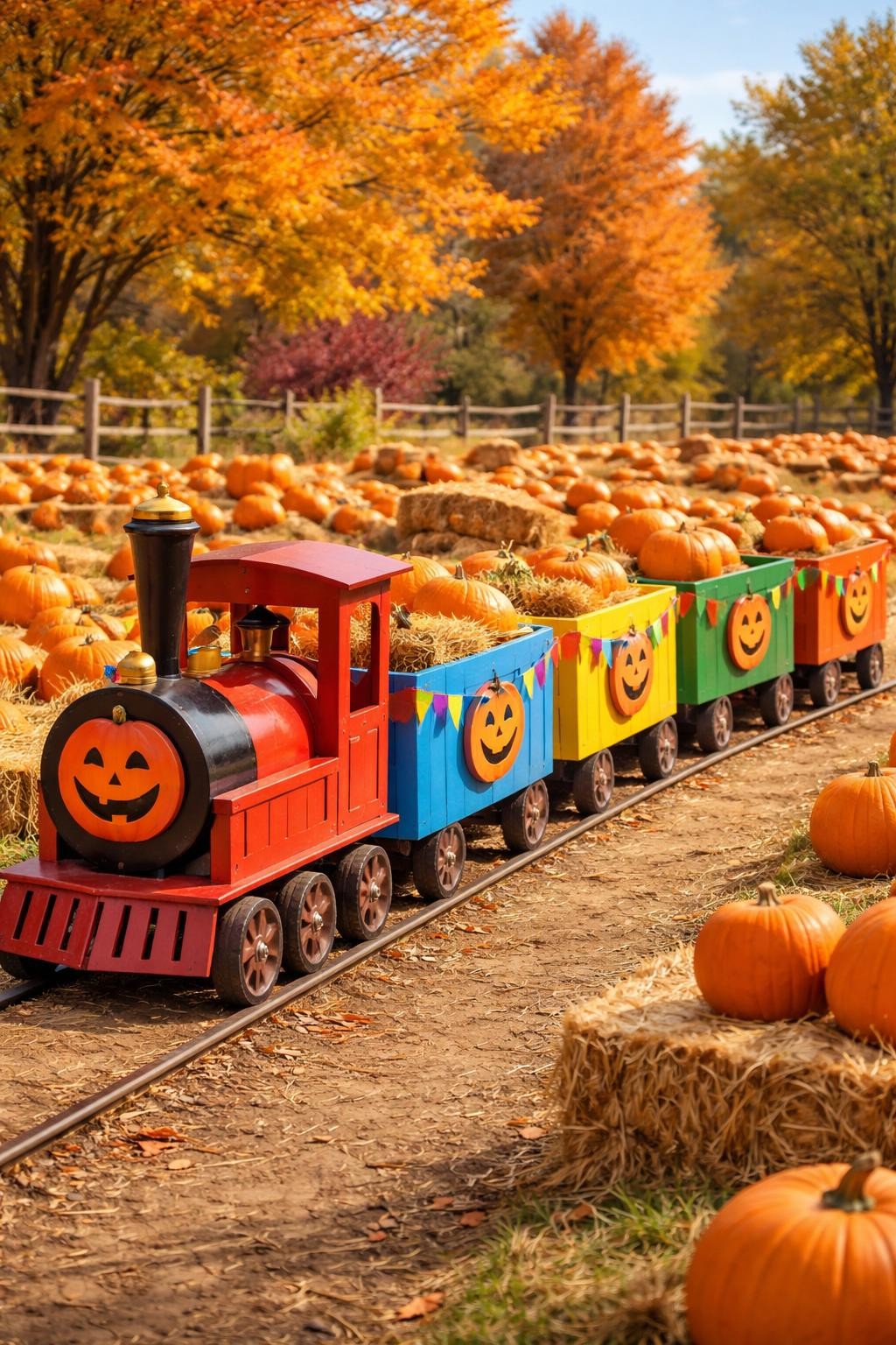 Image Prompt: A playful pumpkin patch train made from painted wooden wagons, small red engine at the front, open carriages filled with pumpkins, hay, and colorful flags, friendly pumpkin faces attached to the sides, simple track-like path through the patch, bright autumn trees and farm fence behind, cheerful daylight, realistic DSLR photography, family-friendly editorial styling, no children visible, no readable text.