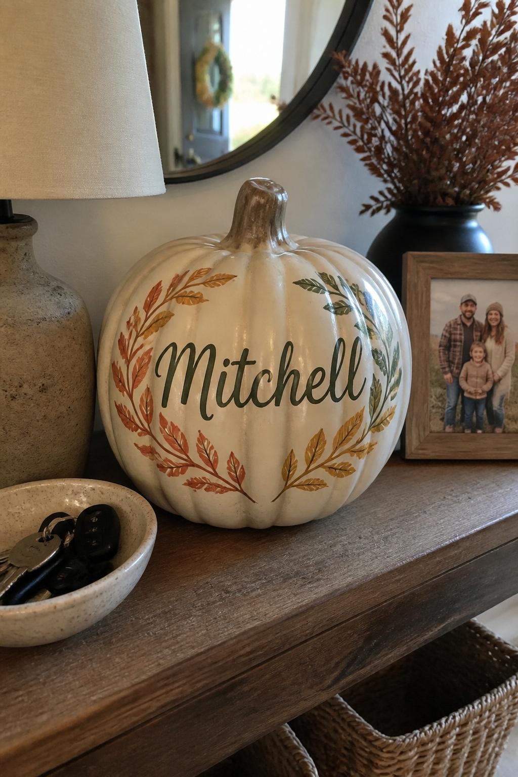 Horizontal 16:9 casual iPhone camera photo of a large warm white ceramic pumpkin with a neatly hand-painted family surname in dark olive lettering across the front, surrounded by a simple wreath of rust, mustard, and muted green leaves, displayed on an entryway console with a key bowl, lamp, framed family photo, and dried branches, natural afternoon light, believable hand lettering, no extra random words, no studio styling.