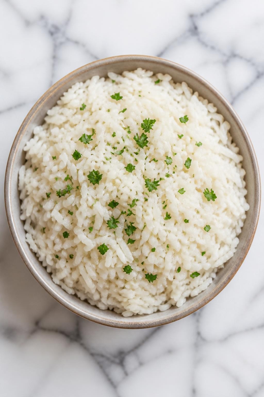 Image Prompt: Top-down realistic editorial food photography of a bowl of vegan coconut rice on a clean white marble countertop, fluffy white rice cooked in coconut milk and topped with a little chopped parsley, soft natural daylight, warm simple African side dish mood, no people, no hands, no text, no watermarks, no props with writing.