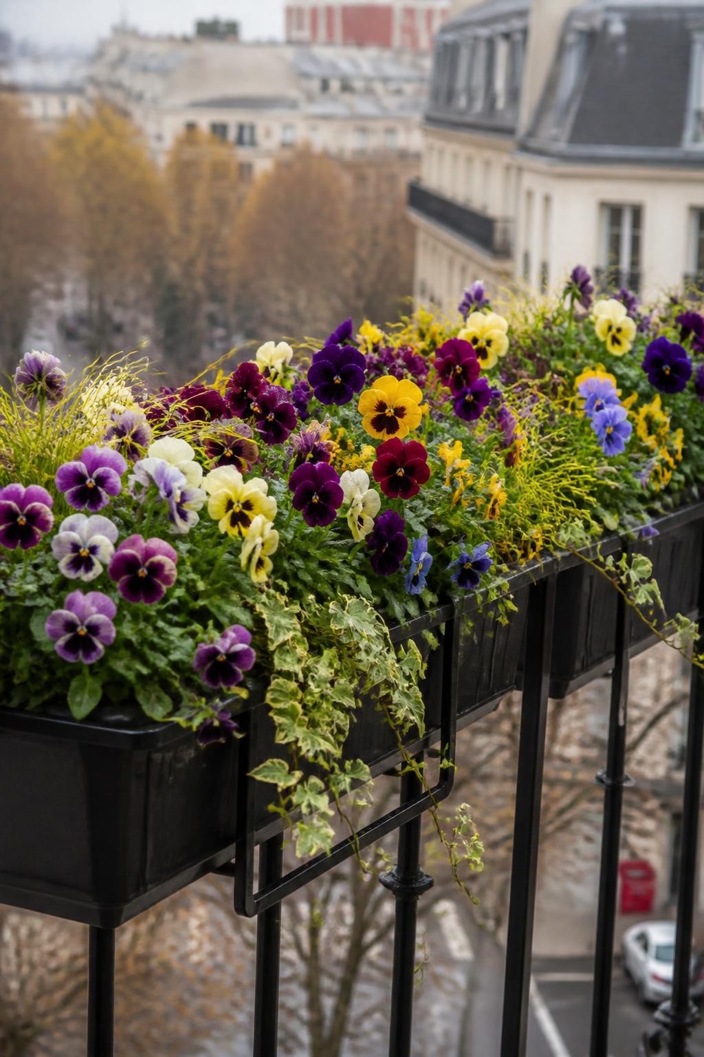 Image Prompt: A realistic apartment balcony railing fitted with secure black metal flower boxes overflowing with purple, cream, yellow, burgundy, and blue pansies and violas, mixed with small trailing ivy and fine golden sedge, natural uneven flower placement and a few rain-marked petals, city street softly blurred below, cool overcast autumn daylight, safe secure planter brackets clearly visible, inviting urban garden, DSLR photography, 70mm lens, highly detailed, no text.