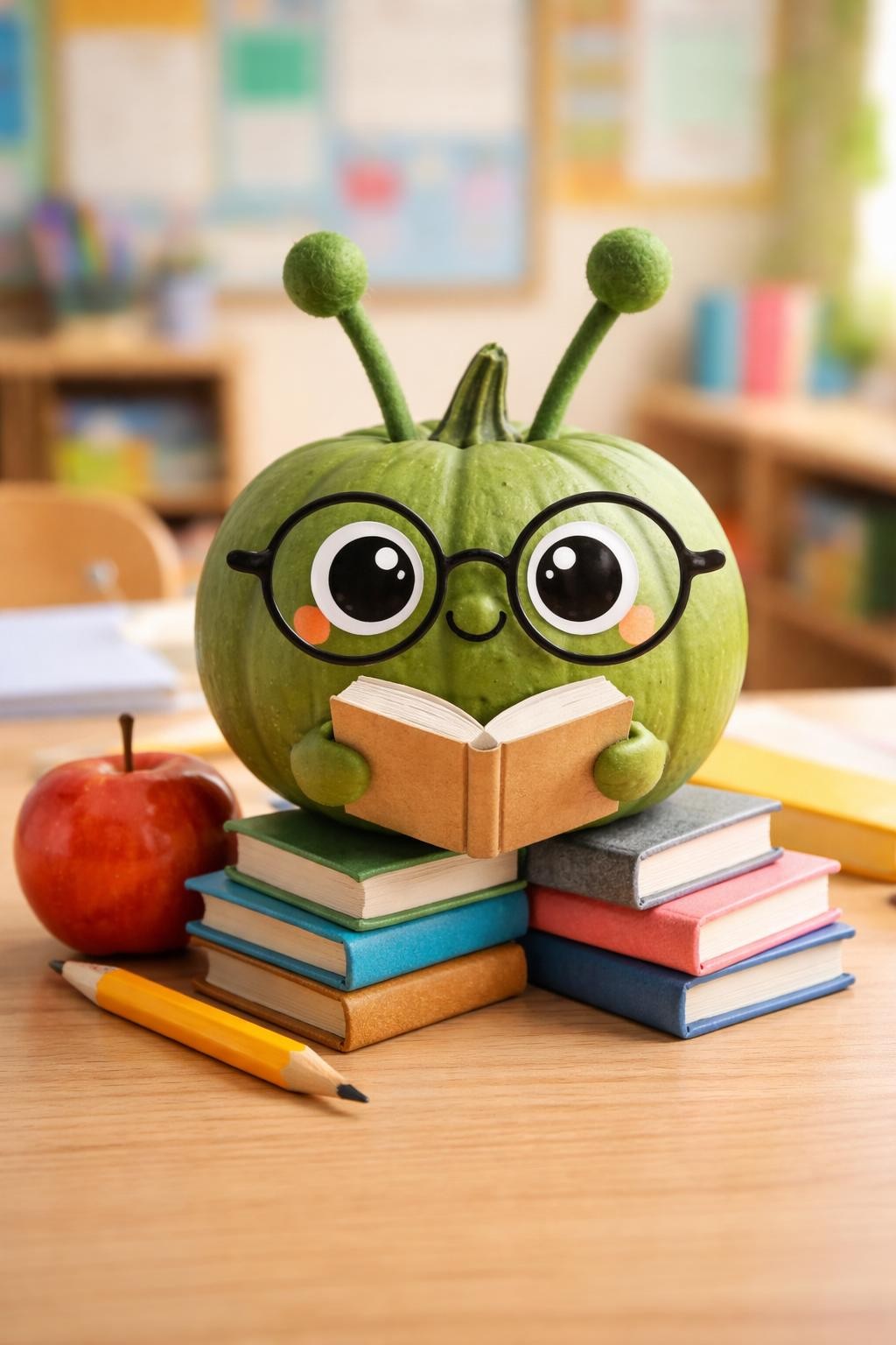 Image Prompt: A small green pumpkin decorated as a cute bookworm, round glasses, tiny paper book held in front, friendly painted eyes, little felt antennae, several mini books stacked around the base, apple and pencil nearby, colorful classroom background, soft natural light, realistic DSLR craft photography, crisp handmade detail, no people, no readable text.