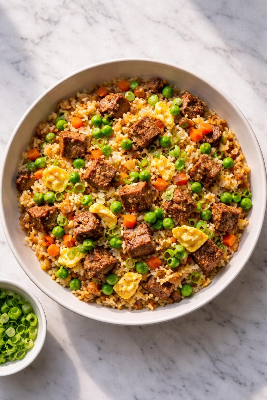 Prompt: Top-down realistic editorial food photography of meatloaf fried rice in a shallow bowl on a clean white marble countertop, rice stir-fried with chopped leftover meatloaf, peas, carrots, scrambled egg, and green onions, glossy savory finish with a homemade takeout-style look, bright natural daylight, soft shadows, clean composition, high detail, realistic food texture, no people, no hands, no text, no watermarks, no props with writing.