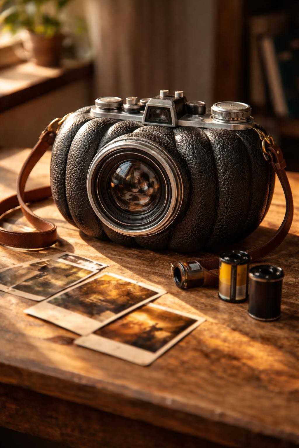 Image Prompt: A wide black foam pumpkin transformed into a vintage film camera, large raised circular lens centered on the front with layered glass-like rings, textured faux leather surface, silver knobs, tiny viewfinder, shutter button, brown leather strap, small film canisters and faded photographs arranged nearby, warm nostalgic tabletop styling, directional natural light, realistic DSLR craft photography, crisp handmade textures, no people, no readable text.
