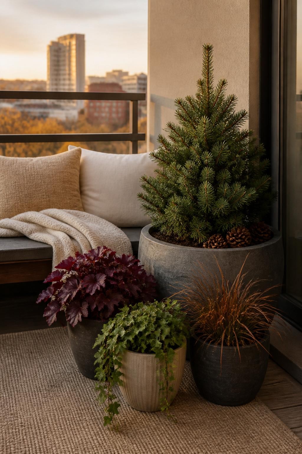 Image Prompt: A realistic covered balcony in fall featuring a compact dwarf spruce in a large frost-resistant planter, paired with smaller pots of burgundy heuchera, green ivy, and bronze carex grass, containers grouped beside a simple outdoor bench, a few natural pinecones resting on the soil, muted city buildings in the distance, soft golden evening light, elegant but achievable apartment garden styling, true-to-life foliage, editorial DSLR photography, 50mm lens, no text.