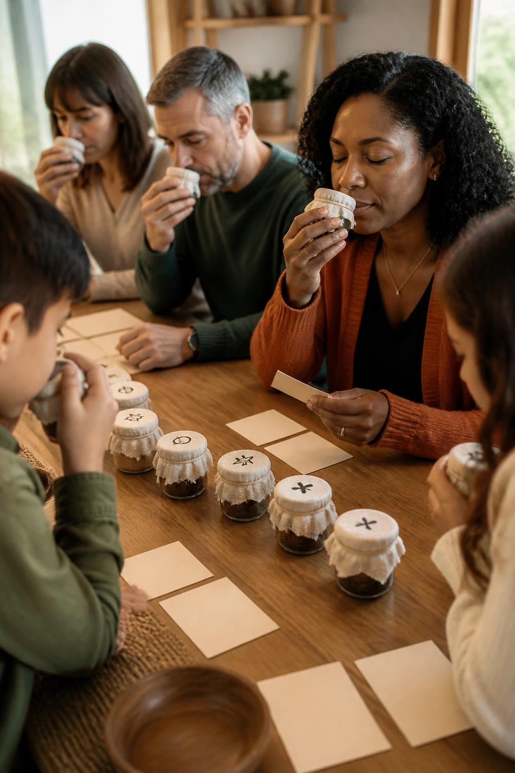 Image Prompt: A refined sensory game arranged on a dining table, small opaque jars containing cinnamon, cedar, orange peel, coffee, vanilla, rosemary, apple and cloves, each jar covered with breathable fabric and marked only by simple symbols, four adults and two older children smelling the jars and arranging blank answer cards, a Black woman wearing a rust cardigan closing her eyes while testing one scent, warm window light, natural table textures, close editorial DSLR photography, no readable labels, no text.