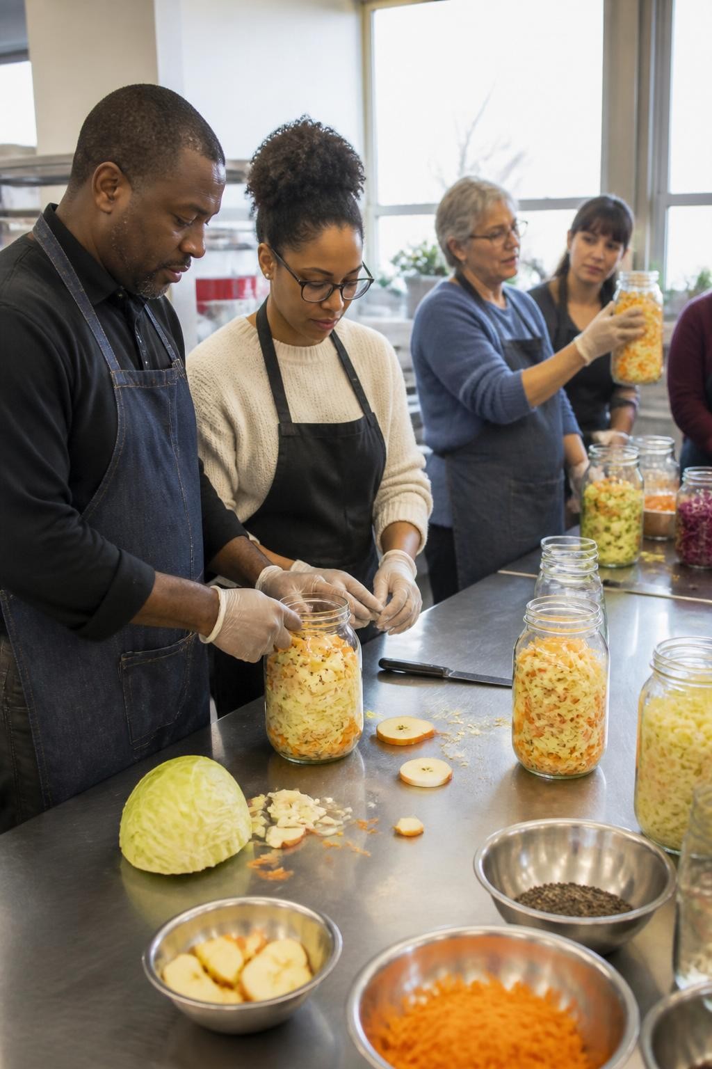 Image Prompt: A practical food workshop inside a community kitchen, large glass jars filled with cabbage, carrots, apples and spices arranged across stainless-steel tables, an instructor demonstrating how to pack vegetables into a jar while adult participants wear aprons and disposable gloves, a Black couple working together at the front table, realistic chopped ingredients and small spills, bright natural window light, clean but lived-in teaching environment, documentary DSLR photography, 35mm lens, no branding, no text.