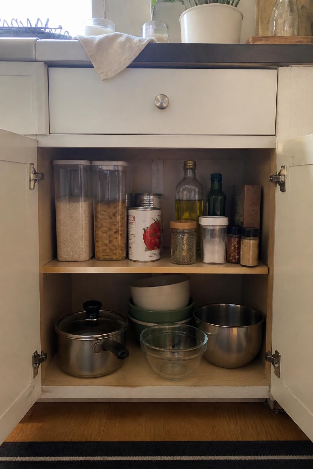 Image prompt: An open lower kitchen cabinet arranged as an everyday cooking station, with rice, pasta, canned tomatoes, cooking oil, seasoning jars, mixing bowls, and a small saucepan stored together, photographed with natural iPhone photo quality, soft morning window light, realistic food packaging without visible brand names, ordinary family kitchen, slightly imperfect but tidy arrangement, believable cabinet wear, no people, no watermarks on images.