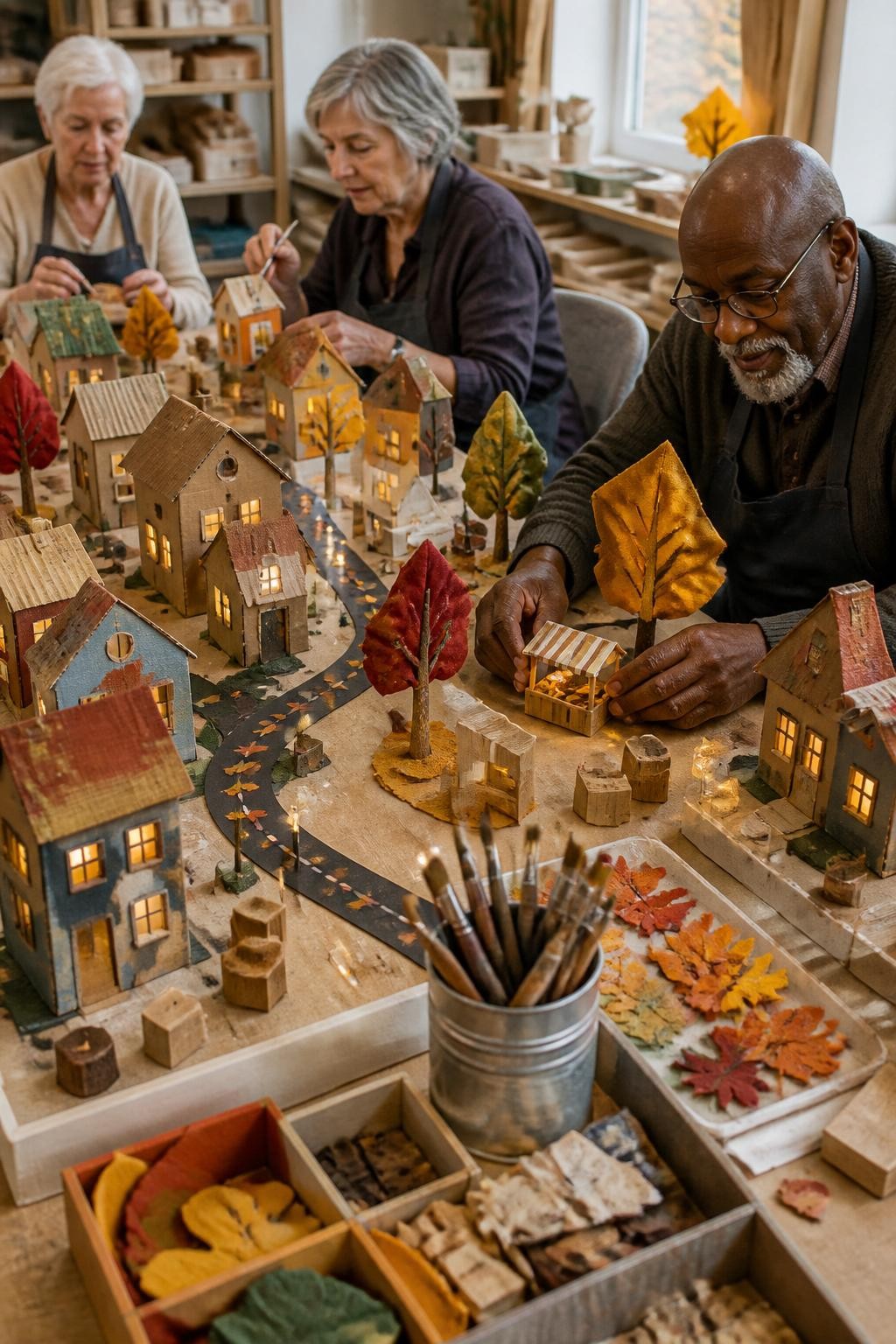 Image Prompt: A large activity table holding a handmade miniature fall village built from sturdy cardboard houses, wooden blocks, fabric trees, paper roads and small battery lights, older adults painting doors and arranging tiny benches, a Black senior man with glasses placing a miniature market stall beside a paper tree, large brushes, pre-cut materials and labeled storage trays nearby, warm daylight, visible handmade imperfections, detailed editorial craft photography, no readable signs, no text.