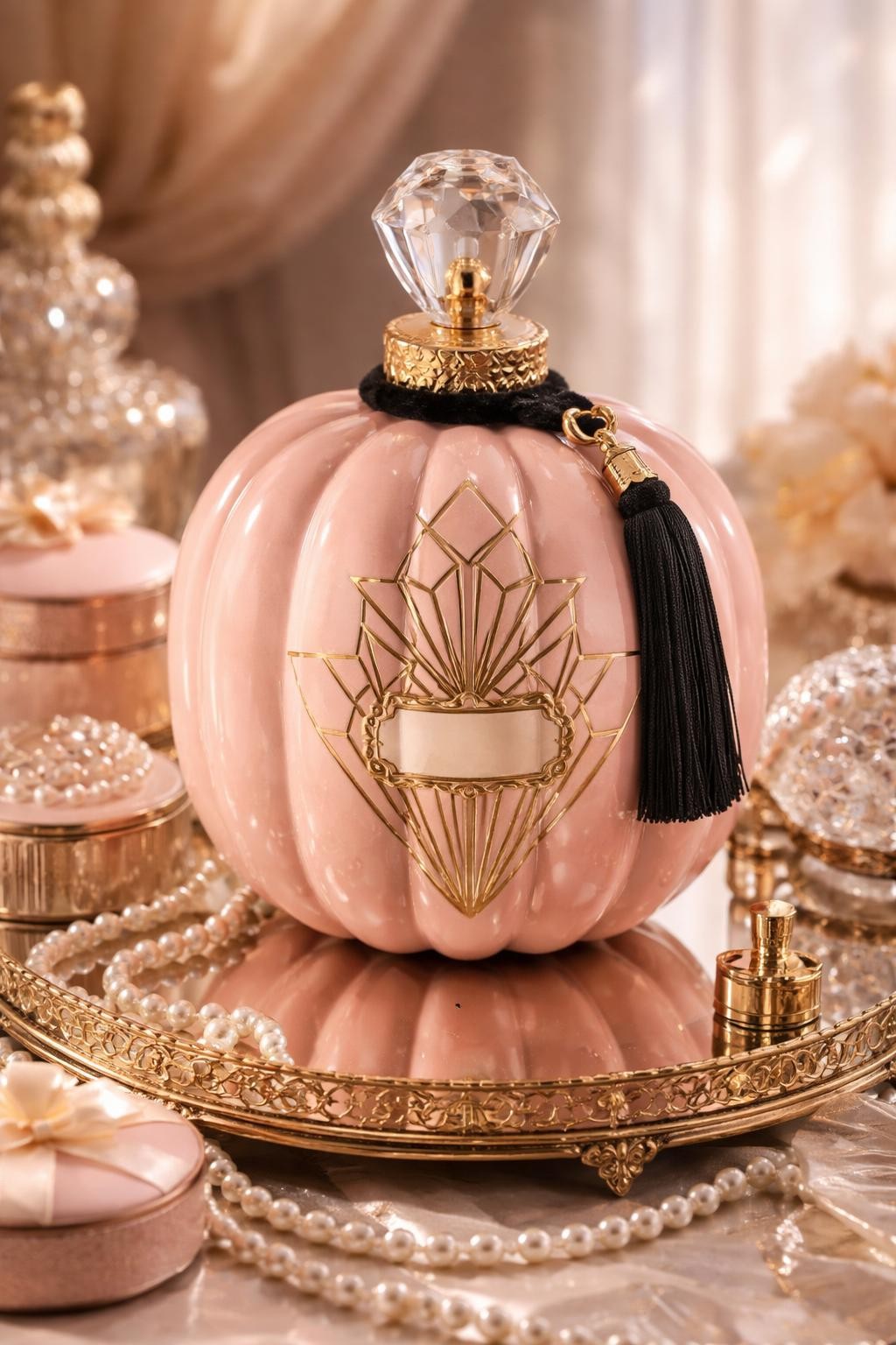 Image Prompt: A tall blush-pink foam pumpkin transformed into an oversized Art Deco perfume bottle, geometric gold pattern across the front, faceted clear stopper surrounding the stem, small gold label frame, black velvet tassel tied around the neck, glossy lacquered finish, displayed on a mirrored tray with vintage powder boxes and pearls, elegant 1920s styling, soft glamorous lighting, realistic DSLR photography, polished handcrafted details, no people, no readable text.