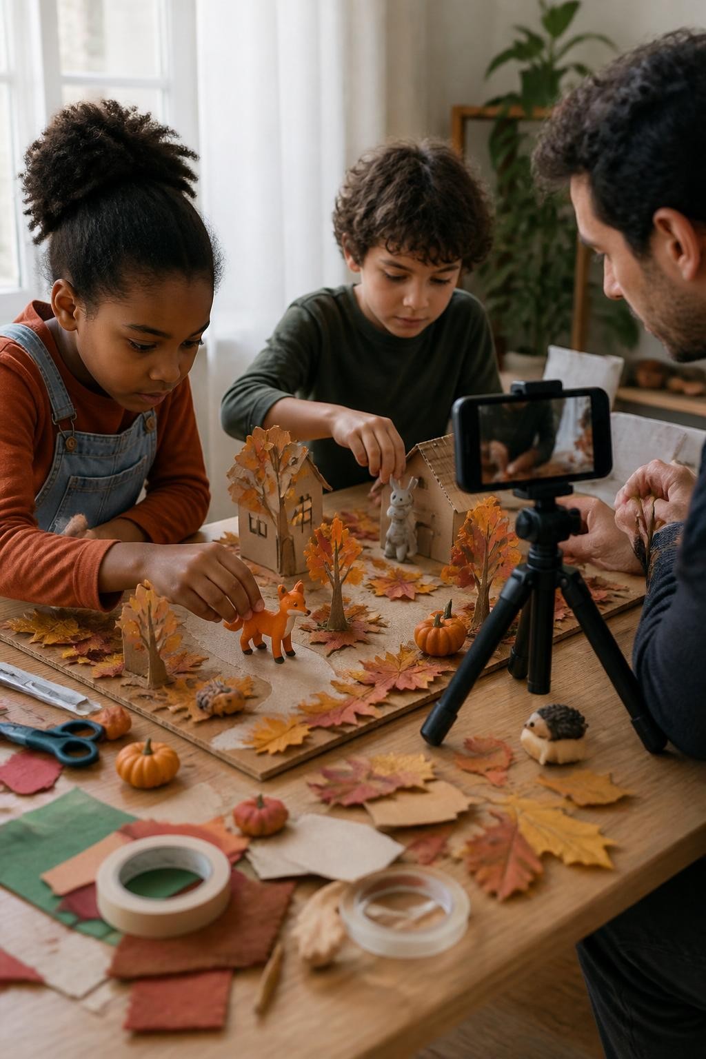 Image Prompt: A dining table set up for a homemade stop-motion movie, a smartphone secured on a small tripod overlooking a cardboard autumn village with clay animals, paper trees, fabric leaves and miniature pumpkins, two children carefully moving characters one step at a time while an adult checks the camera screen, one Black girl adjusting a small clay fox, craft scraps and tape visible around the set, bright diffused window light, realistic handmade imperfections, editorial DSLR craft photography, no readable screen content, no text.