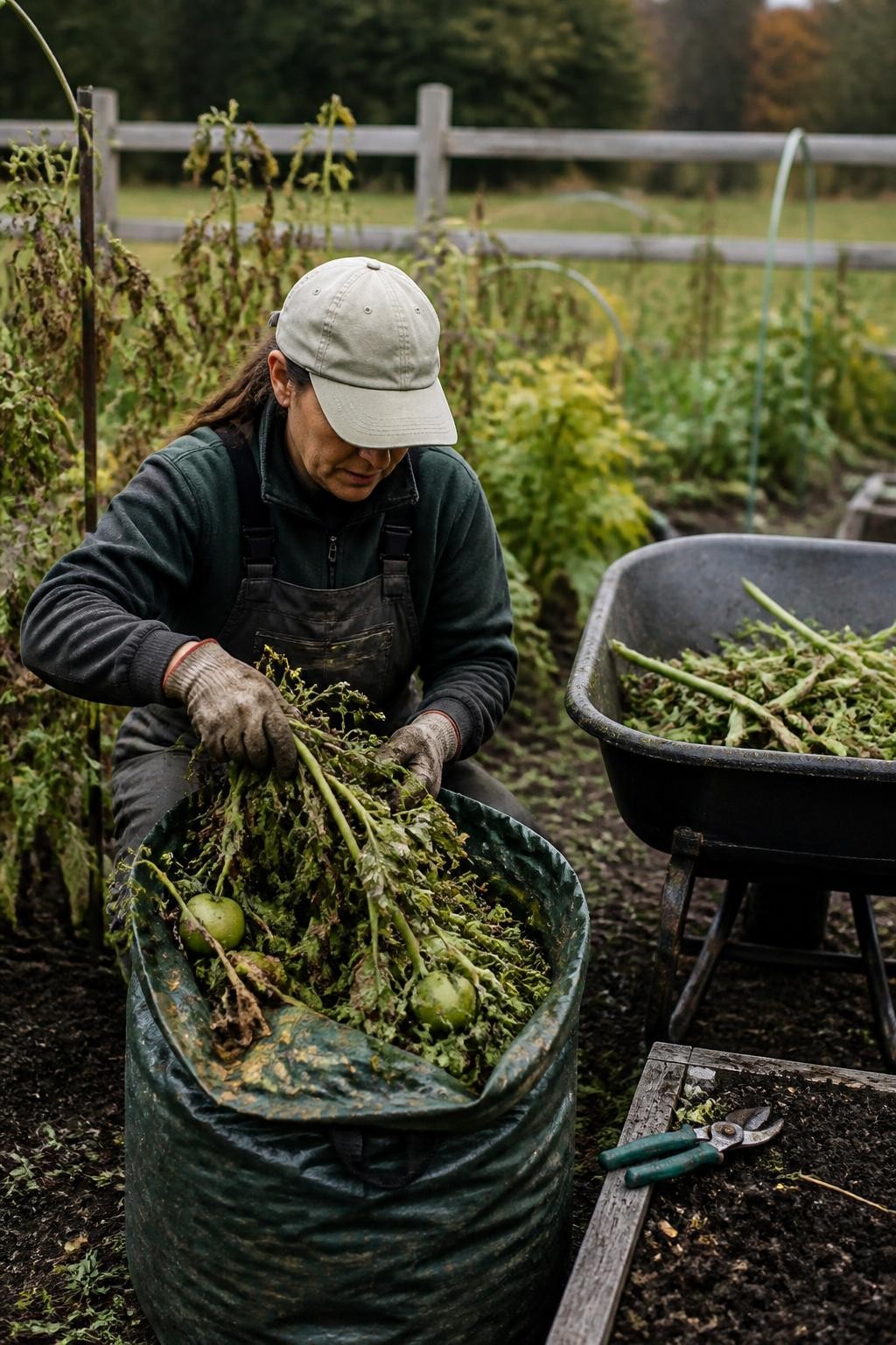 Image Prompt: A realistic fall vegetable garden cleanup showing a gardener placing blight-damaged tomato vines and mildew-covered squash leaves into a sturdy garden-waste bag, healthy chopped bean stems being placed separately into a compost wheelbarrow, dark raised-bed soil, soil-stained gloves and clean pruning shears nearby, faded supports in the background, soft overcast light, accurate plant disease symptoms, practical backyard scene, DSLR photography, 50mm lens, no text.