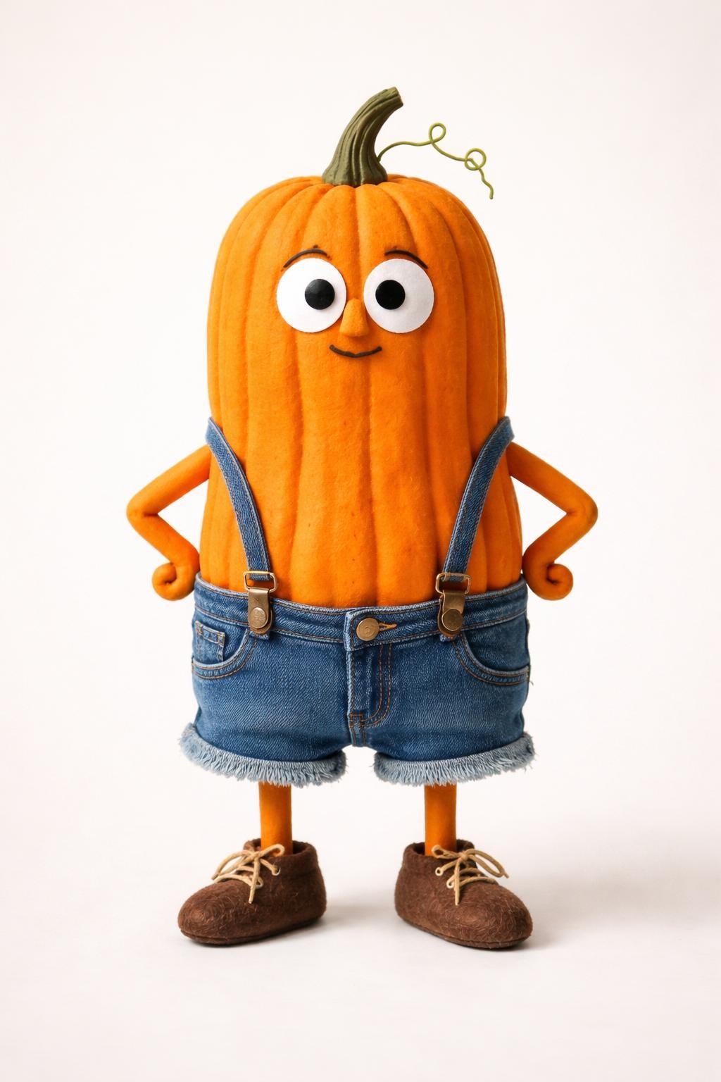 Image Prompt: A tall orange pumpkin humorously dressed in very small denim shorts with suspenders, tiny felt shoes attached at the bottom, simple wide-eyed face, small arms resting on its hips, exaggerated proportions, playful handmade character, clean pale background, natural studio lighting, realistic DSLR craft photography, sharp fabric textures, no people, no text.